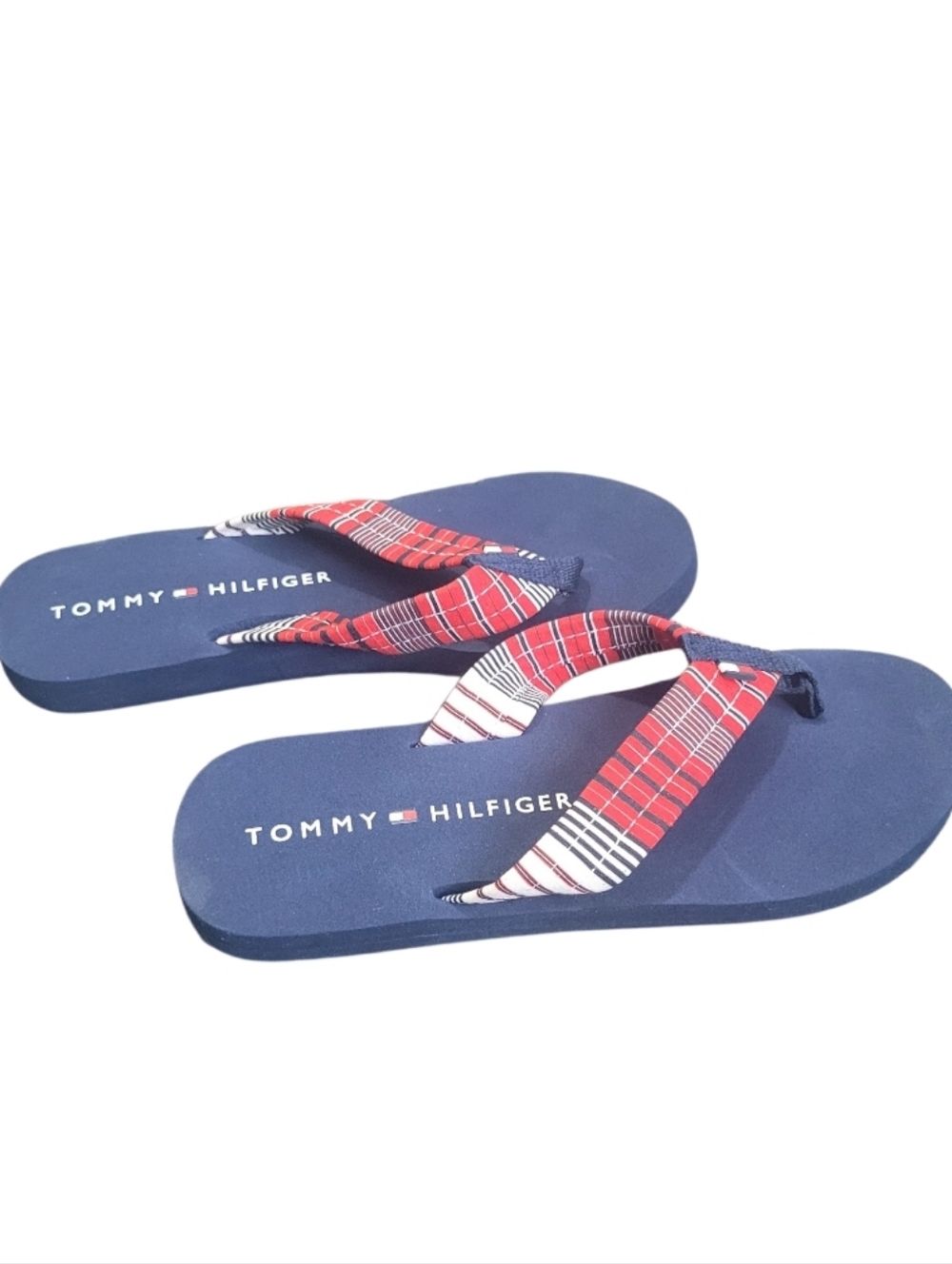 New Tommy Hilfiger $48 Blue Flip Flops with Red Plaid Straps Sz 5/6
